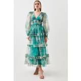 Blomstrede - Grøn - Lange kjoler Floral Tulle Plunge Woven Maxi Dress