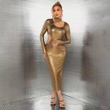 Dame - Guld - Lange kjoler Shein Women's Metallic Fabric Hollow Out High Neck Maxi Dress