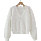 Polyamid Overdele Shein Tween Girl Solid Contrast Lace Trim Lantern Sleeve Sweater