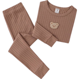 Viskose Tracksuits Shein Toddler Boy's Bear Patch Detail Ribbed Knit Snug Fit PJ Set -Khaki
