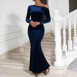 Blå - Fløjl Kjoler Shein Velvet Oblique Shoulder Long Sleeve Dress