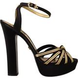 4 - Satin Sko Dolce & Gabbana Black Gold Viscose Ankle Strap Heels Sandals Shoes EU40/US9.5