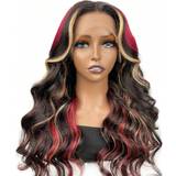 Rød Parykker Shein 13x4 Lace Frontal Wigs for Women Loose Wave Black With Red & Blonde Highlights Human Hair Pre-Plucked