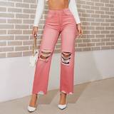 Dame - Pink Jeans Shein Ladies' Distressed Straight-leg Jeans
