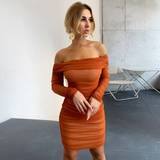Mesh - Orange Kjoler Shein Off Shoulder Ruched Mesh Bodycon Dress