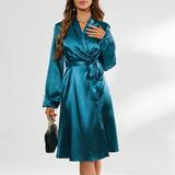 Lynlås - Turkis Kjoler Shein Wrap Front Lantern Sleeve Long Sleeve Dress