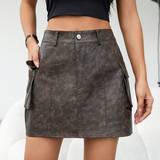 Grøn - Skind Nederdele Shein ICON Women's Simple Faux Leather Short Skirt With Pocket