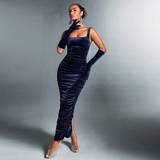 Blå - Fløjl Kjoler Shein Women's Velvet Pleated Strappy Dress