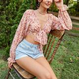 Blomstrede - Chiffon Tøj Shein Ditsy Floral Print Tie Front Flounce Sleeve Crop Top