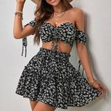 Blomstrede Jumpsuits & Overalls Shein WYWH Ditsy Floral Print Off Shoulder Drawstring Crop Top & Skirt