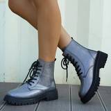 38 - Sølv Ankelstøvler Shein Solid Color Women's Lace-up Casual Ankle Boots