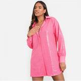 28 - Oversized Kjoler Saw It First Womens Sequin Oversized Shirt Dress Pink
