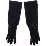 Dame - Uld Handsker Dolce & Gabbana Black Lace Wool Lambskin Fur Elbow Gloves