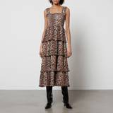 Brun - Polyester Kjoler Ganni Pleated Georgette Flounce Smock Midi Dress 42/UK Beige