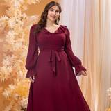 Lang - Rød Kjoler Shein Women's Plus V-neck Ruffle Trim Decor Long Sleeve Chiffon Maxi Dress