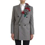 Dame - Silke Jakker Dolce & Gabbana Gray Plaid Rose Applique Coat Blazer Jacket IT42