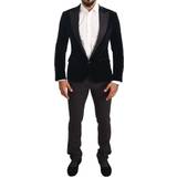 Dolce & Gabbana Sort Jakkesæt Dolce & Gabbana Blue Velvet Cotton Slim Fit Smoking Suit IT46