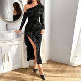 Fløjl - Lange kjoler Shein Velvet Printed One Shoulder High Slit Maxi Dress