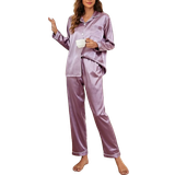 Lilla - Polyester Nattøj Shein Contrast Binding Button Up Satin Pajama Set