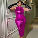 Pink - Skind Kjoler Shein Plus Women'S Stand Collar Pu Leather Sleeveless Dress