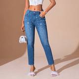 48 - Elastan/Lycra/Spandex - Perler Tøj Shein Women's Cropped Jeans With Pearl Embellishment