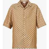 44 - Hør Skjorter Gucci Short-sleeved Gg-jacquard Linen-blend Shirt Mens Camel