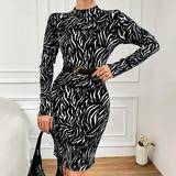 Elastan/Lycra/Spandex - Zebra Kjoler Shein Zebra Print Stand Collar Long Sleeve Dress Without Waist Belt