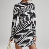 Elastan/Lycra/Spandex - Zebra Kjoler Shein Women's Color Block Stand Collar Long Sleeve Dress