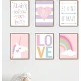 Shein 6 Pieces Pink Art Prints Motivation Wall Art Unicorn Print Pictures Love Heart Apricot Billede 21x30cm