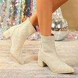 Dame - Guld Støvler Shein Women's Gold Ankle Boots With Pointed Toe, Chunky Heel, Back Zipper, Warm Winter Shoes