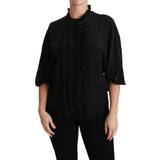 Dolce & Gabbana Sort Overdele Dolce & Gabbana Black Silk Shirt Ruffled Top Blouse IT36