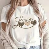Hvid - Leopard Overdele Shein Leopard Print Heart & Letter Pattern Round Neck Short Sleeve T-Shirt, Suitable For Valentine'S Day & Daily Casual Wear