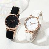 Ure Shein 2pcsRose Gold Black and White Set Luxury Watches For Leather Watch Ladies Sports Dress Wrist Watch Clock Girl Gift Relogio Feminin