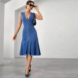 Bomuld - Lang Kjoler Shein Women'S Sexy Slim Fit High Waist Sleeveless Denim Dress