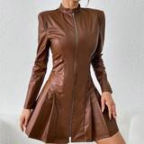 Brun - Skind Kjoler Shein Zipper Front Pleated Hem Pu Leather Dress