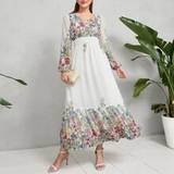 Chiffon - Hvid Kjoler Shein Floral Print Lantern Sleeve Shirred Waist Ruffle Hem Chiffon Dress