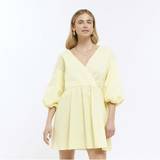 14 - 38 - Gul Kjoler River Island Womens Mini Dress Yellow Puff Sleeve Poplin Cotton
