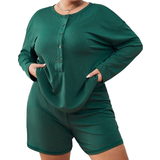 Grøn - Knapper Jumpsuits & Overalls Shein Essnce Women's Plus Size Solid Color Buttoned Half-placket Round Neck T-shirt And Shorts Set