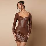 Brun - Skind Kjoler Shein Women's Sweetheart Neckline Pu Leather Dress