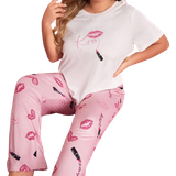 Kort ærme - Løs Jumpsuits & Overalls Shein Plus Size Lips & Lipstick & Heart & Letter Printed Casual Short Sleeve T-Shirt And Pants Homewear Set