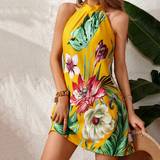 Blomstrede - Elastan/Lycra/Spandex - Gul Kjoler Shein Floral Print Summer Tropical Plant Print Halterneck Backless Beach Women Dress