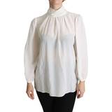 Dolce & Gabbana Dame Bluser Dolce & Gabbana White Silk Pussy Bow Long Sleeved Top Blouse IT44