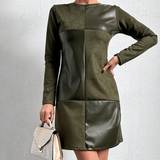 Grøn - Skind Kjoler Shein Ladies' Patchwork Pu Leather Long Sleeve Dress
