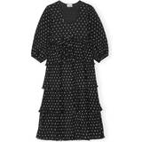 16 - Polyester Kjoler Ganni Pleated Georgette Flounce Smock Midi Dress Kjole Black