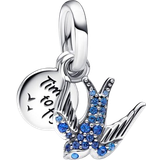 Pandora Dame Charms & Vedhæng Pandora Sparkling Swallow & Quote Double Dangle Charm - Silver/Blue
