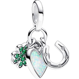 Pandora Grøn Smykker Pandora Four Leaf Clover Heart & Horseshoe Triple Dangle Charm - Silver/Green/Transparent