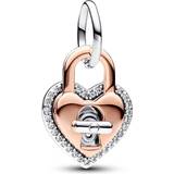 Pandora Two-tone Twistable Heart Padlock Double Dangle Charm - Silver/Rose Gold/Transparent
