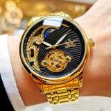 Shein 1pc Luxury Golden Tourbillon Moon Phase Hollow Automatic Mechanical Wristwatch With Luminous Hands Top Brand Band Business Casua