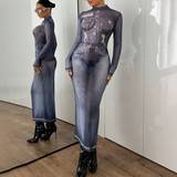 Blå - Lange kjoler - Stretch Shein Print Bodycon Maxi Dress