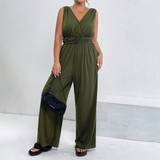 Dame - Grøn Jumpsuits & Overalls Shein Women's Plus Knitted Loose Sleeveless Jumpsuit With Pockets, Wide Leg Pants For Summer
